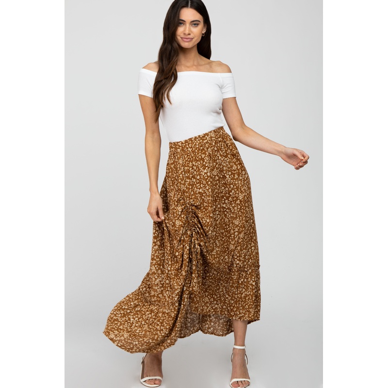 Camel Floral Drawstring Side Gathered Skirt