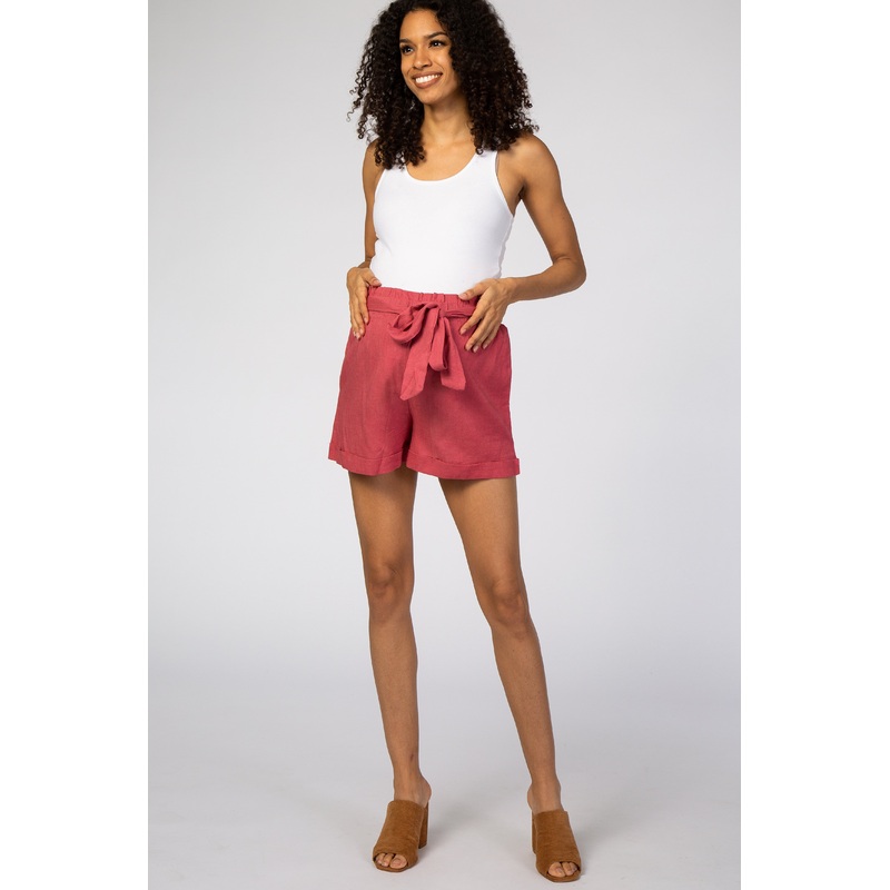 Mauve Linen Pleated Front Tie Maternity Shorts