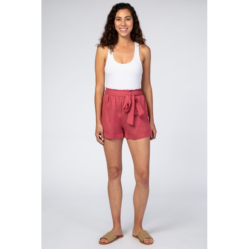 Mauve Linen Pleated Front Tie Shorts