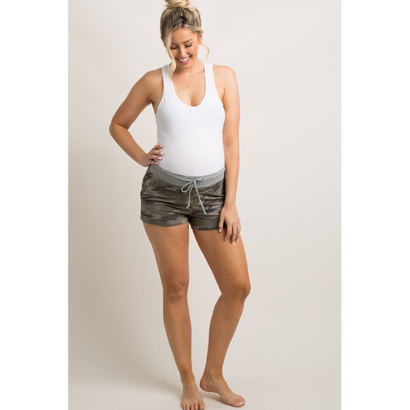 Olive Camo Print Drawstring Terry Maternity Shorts