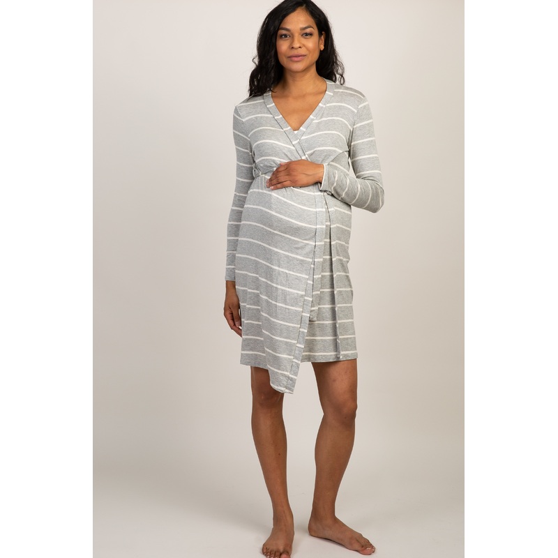 PinkBlush Heather Grey Striped Delivery/Nursing Maternity Robe