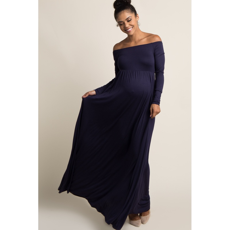 PinkBlush Petite Navy Blue Solid Off Shoulder Maternity Maxi Dress