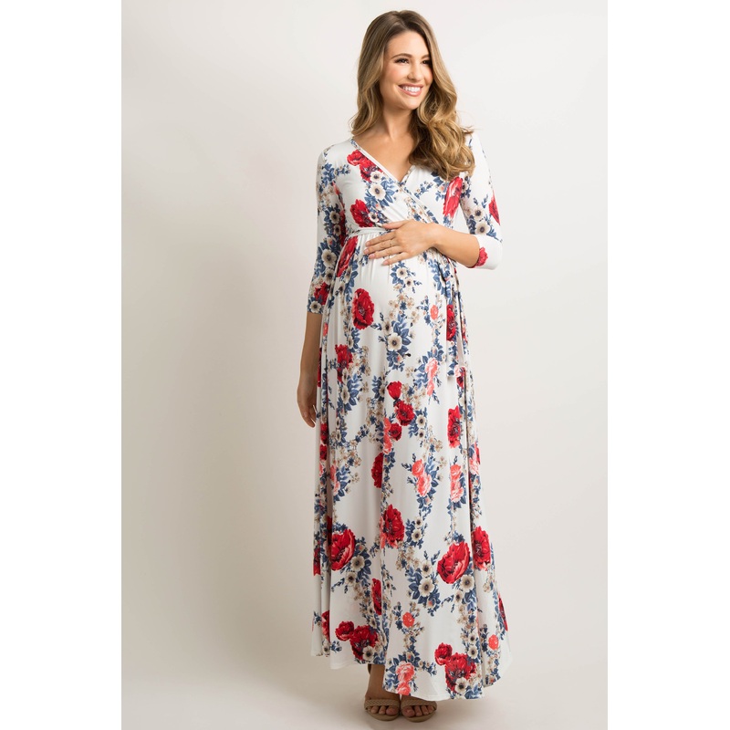 White Garden Floral Maternity/Nursing Wrap Maxi Dress