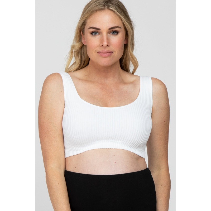 White Ribbed Scoop Neck Seamless Maternity Sports Bra
