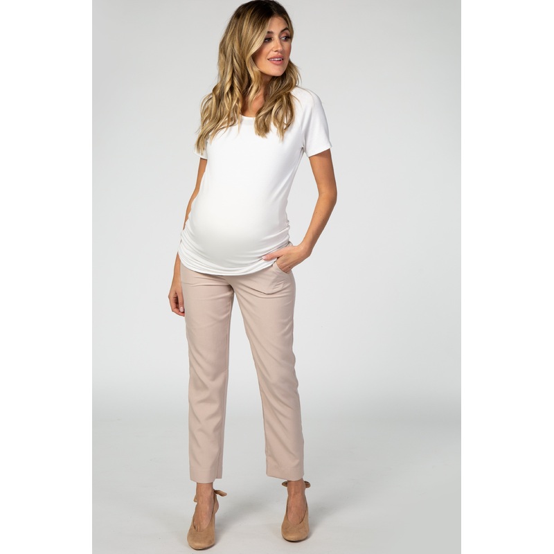 Beige Straight Leg Maternity Pants