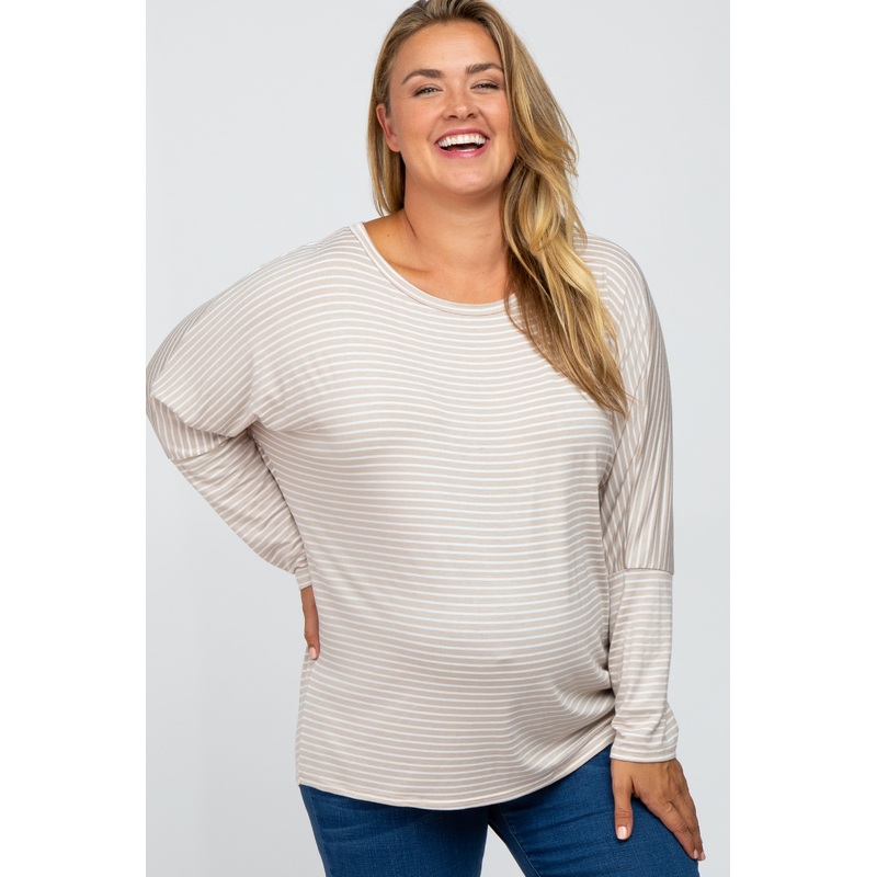 Beige Striped Dolman Long Sleeve Maternity Plus Top