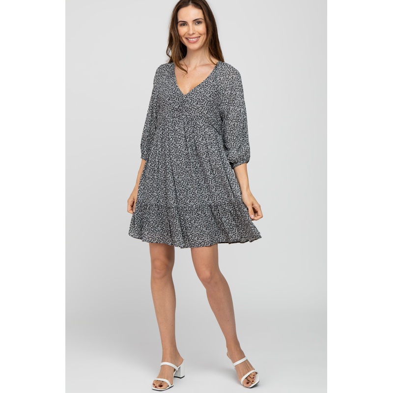 Black Ditsy Floral 3/4 Sleeve Dress