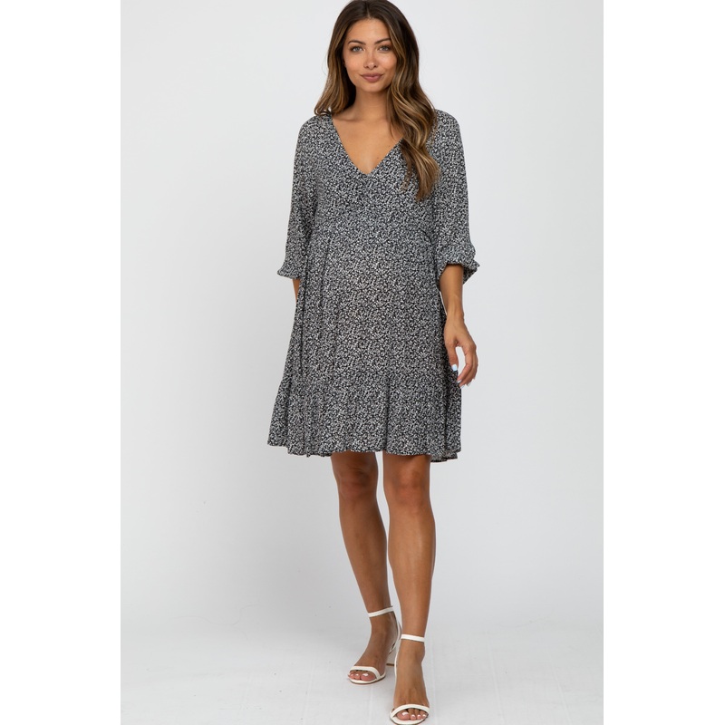 Black Ditsy Floral 3/4 Sleeve Maternity Dress
