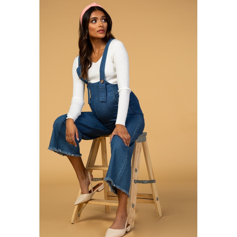 Blue Denim Cropped Frayed Hem Maternity Overalls