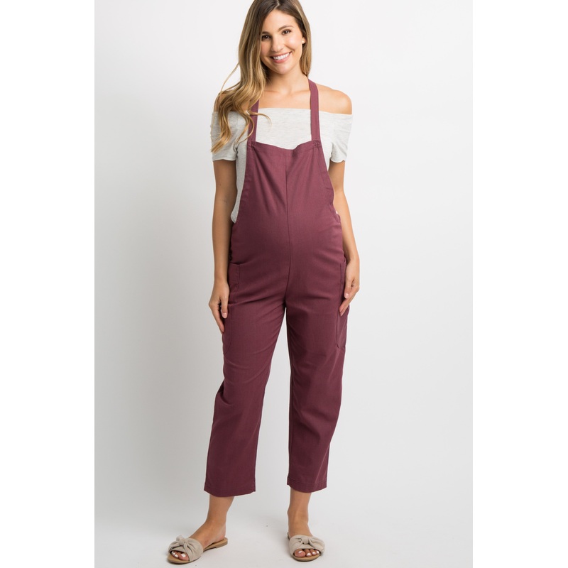 Burgundy Linen Side Pocket Maternity Overalls
