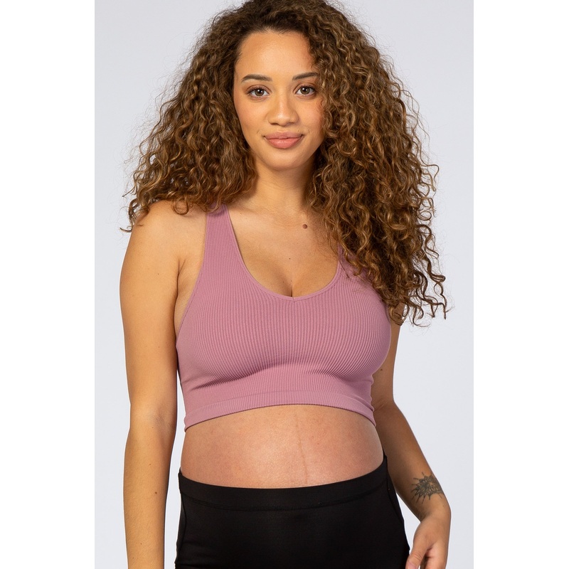 Mauve Ribbed V-Neck Maternity Racerback Sports Bra