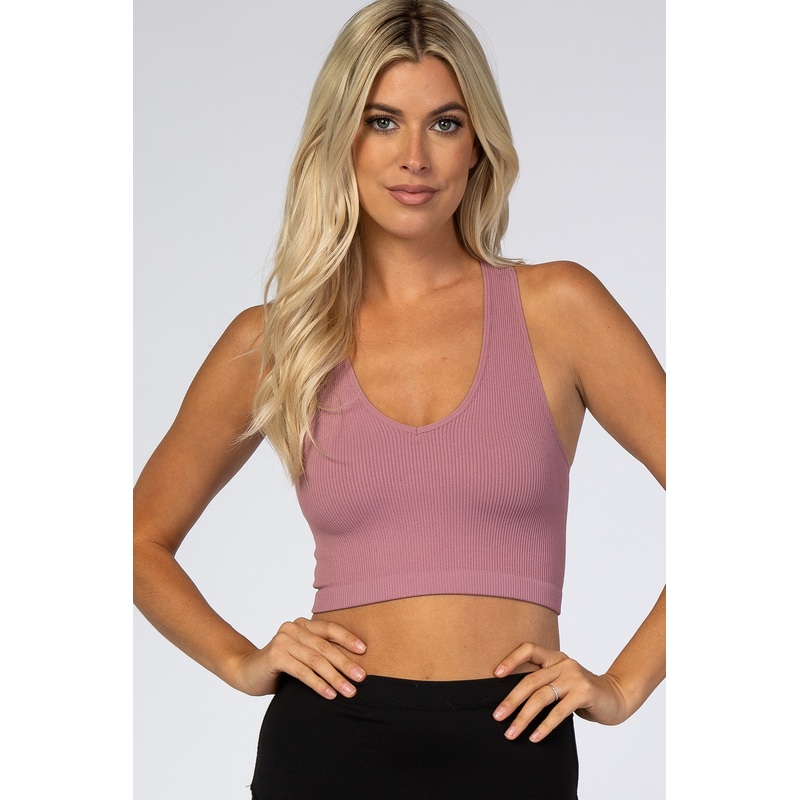 Mauve Ribbed V-Neck Racerback Sports Bra