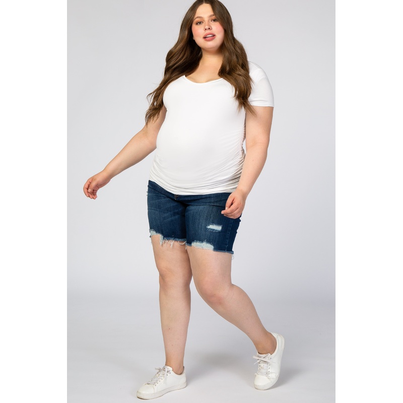 Navy Distressed Plus Maternity Shorts