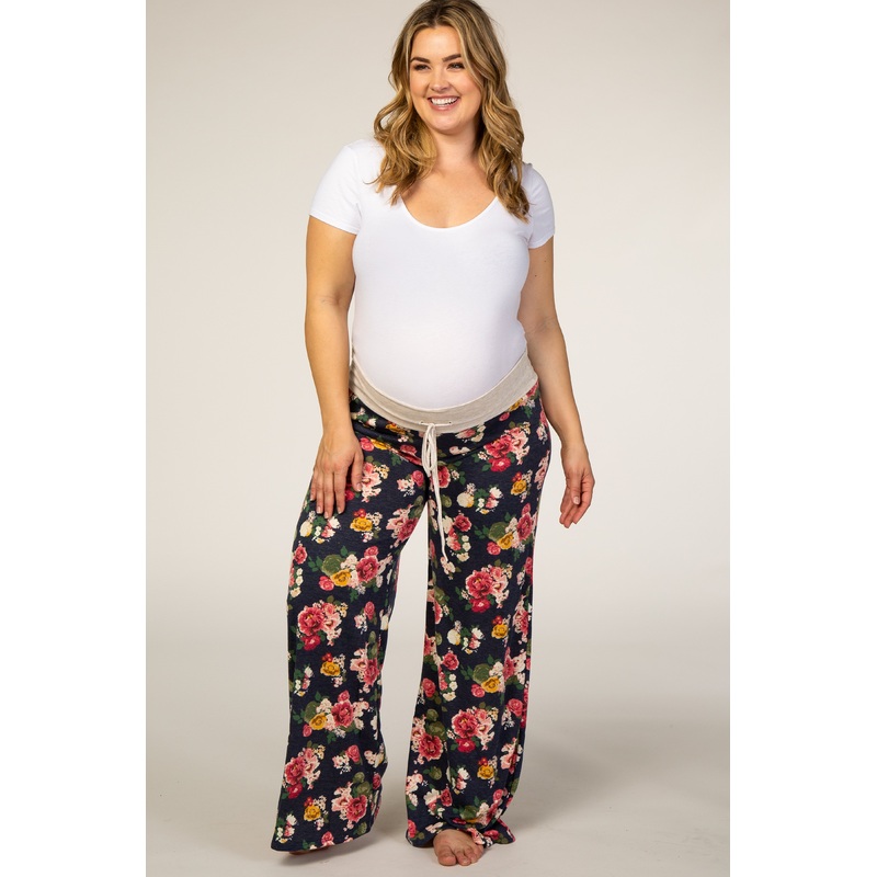Navy Floral Drawstring Plus Maternity Pajama Pants