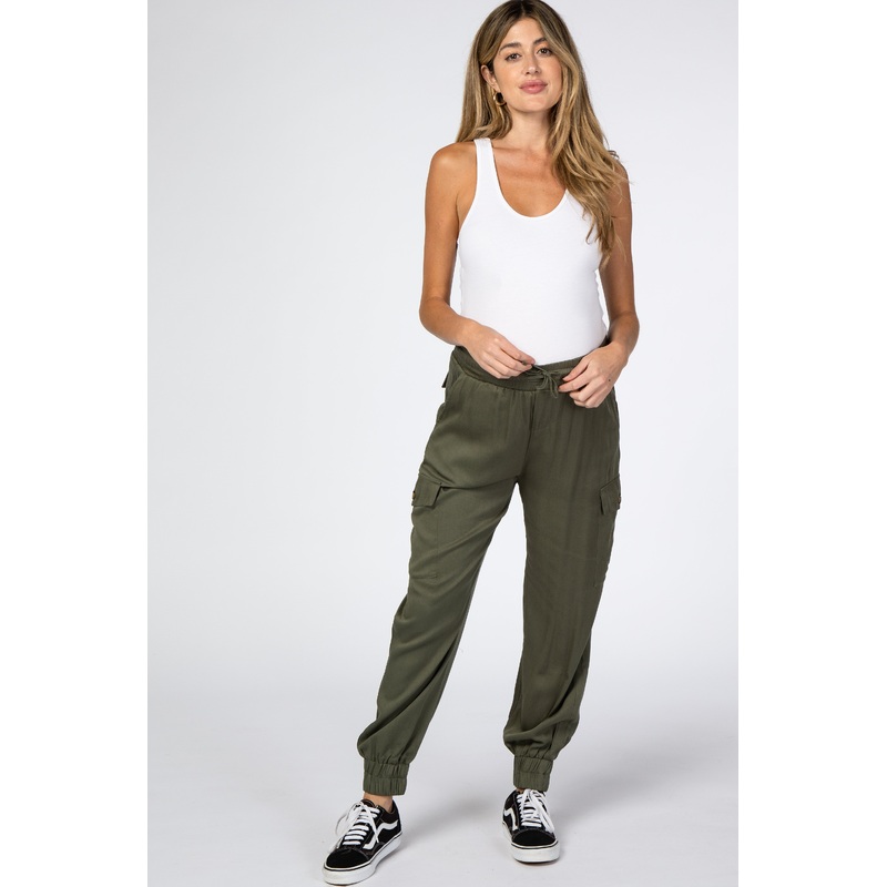 Olive Twill Cargo Maternity Jogger Pants