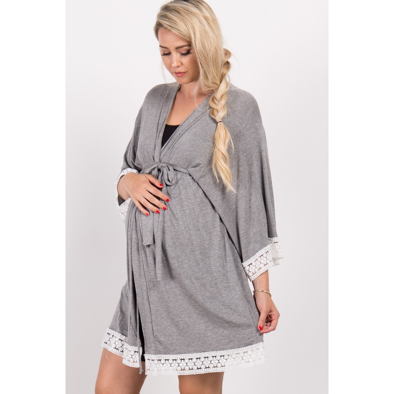 PinkBlush Charcoal Grey Crochet Trim Delivery/Nursing Maternity Robe