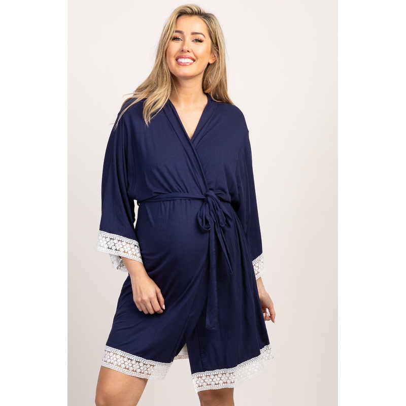PinkBlush Navy Lace Trim Delivery/Nursing Maternity Robe