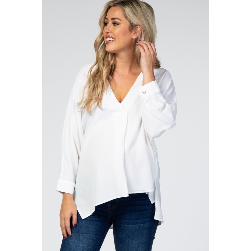 White Solid V-Neck 3/4 Sleeve Maternity Top
