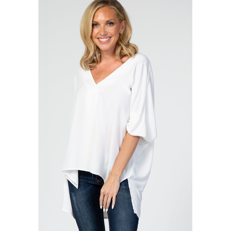 White Solid V-Neck 3/4 Sleeve Top