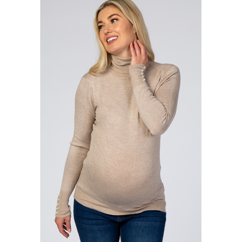Beige Turtleneck Pearl Button Sleeve Maternity Sweater