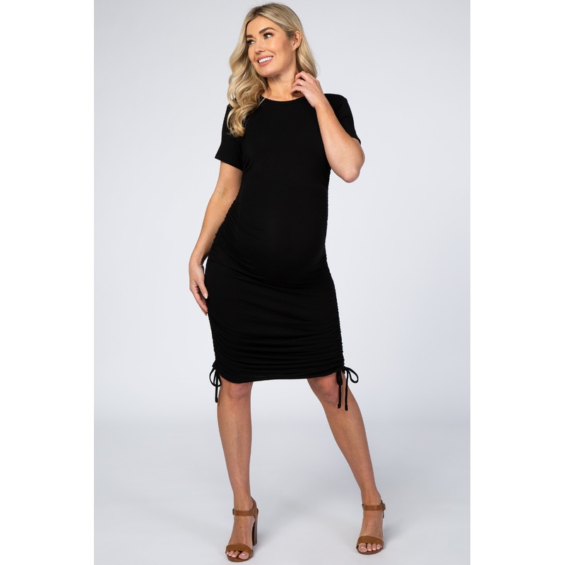 Black Fitted Ruched Drawstring Side Maternity Dress