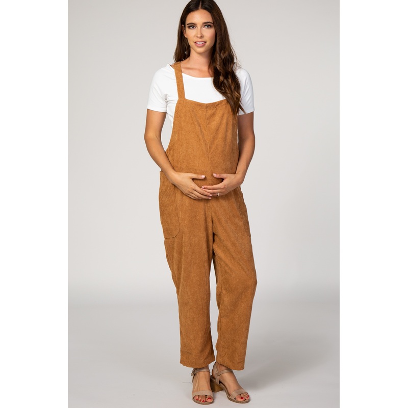 Camel Solid Ribbed Maternity Overalls