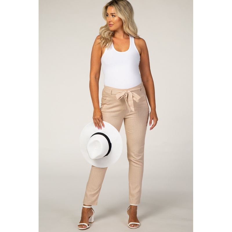 Cream Pinstripe Tie Front Maternity Pants