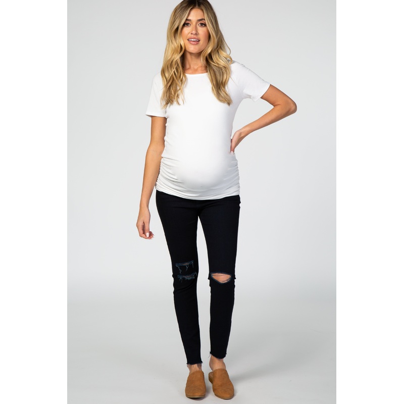 Navy Dark Wash Ripped Knee Maternity Jeans