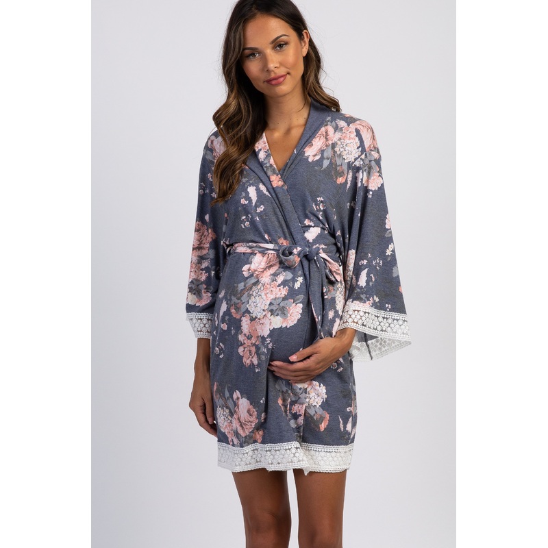 PinkBlush Navy Floral Lace Trim Maternity Robe