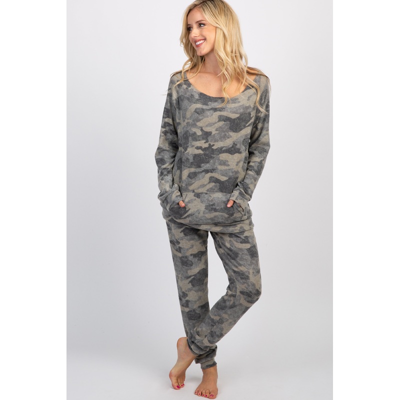 PinkBlush Olive Camo Long Sleeve Pocket Front Pajama Set