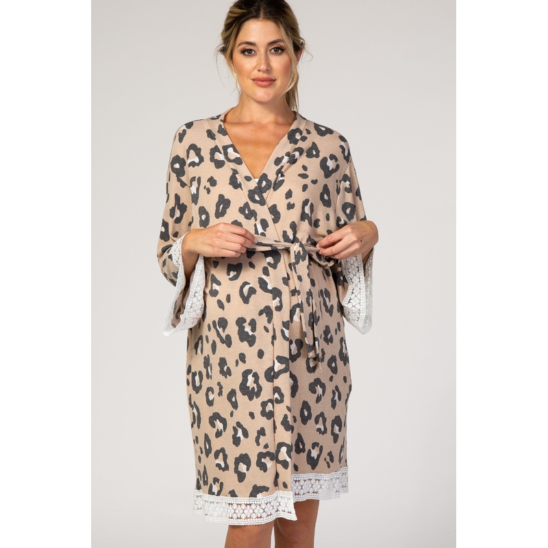 PinkBlush Taupe Animal Print Lace Trim Maternity Robe