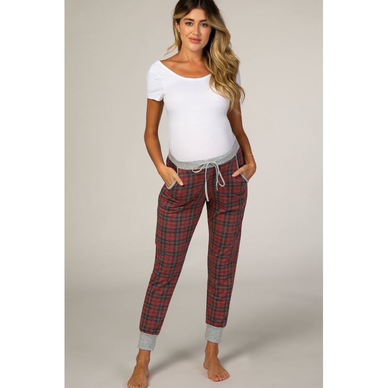 Red Charcoal Plaid Maternity Sleep Joggers