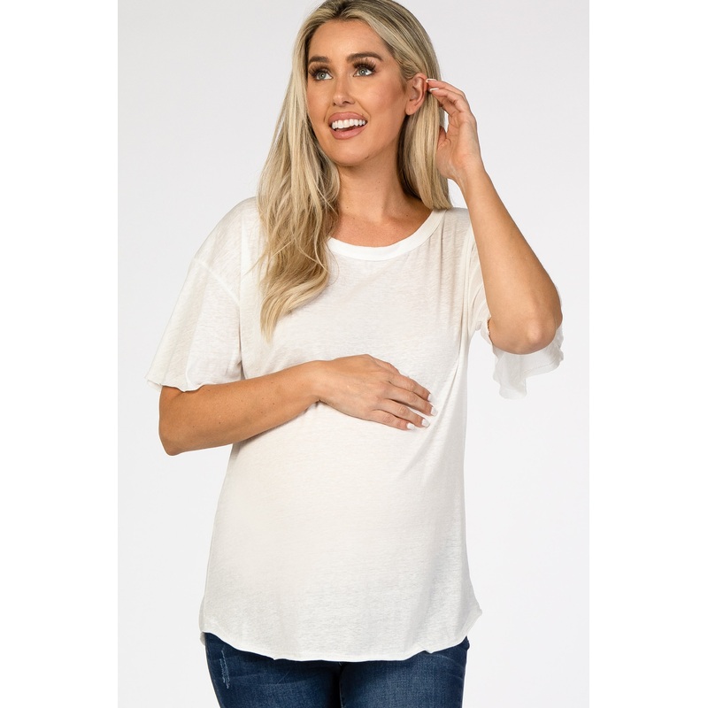 White Short Flounce Sleeve Maternity Top