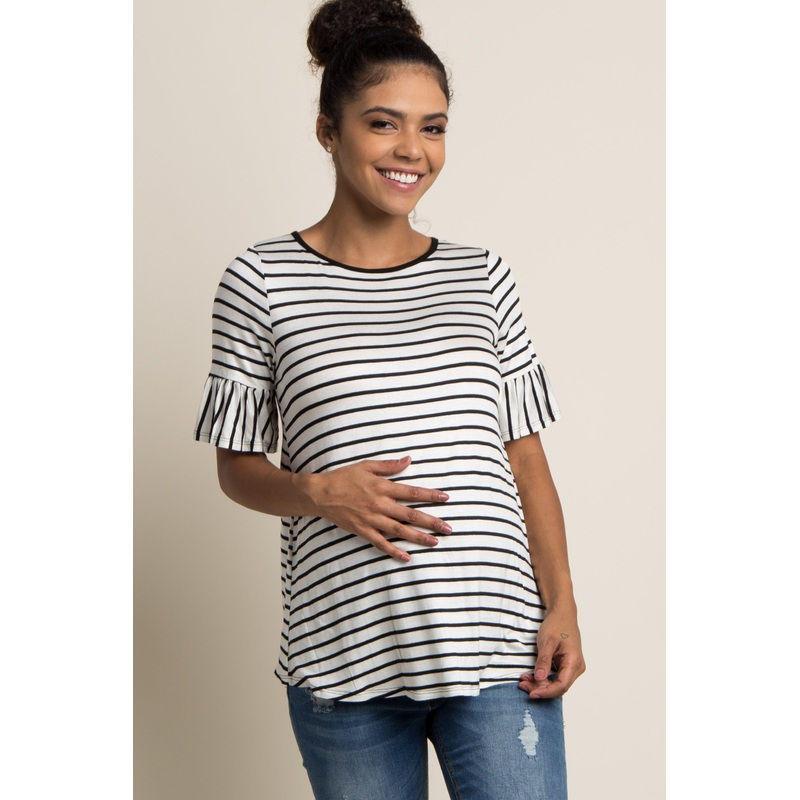 White Striped Ruffle Sleeve Maternity Top