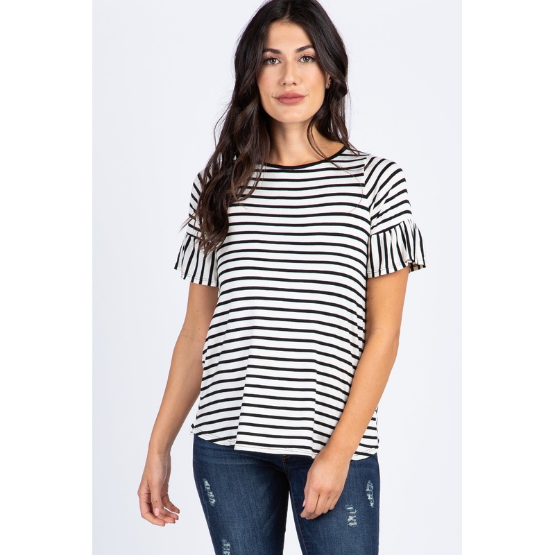 White Striped Ruffle Sleeve Top