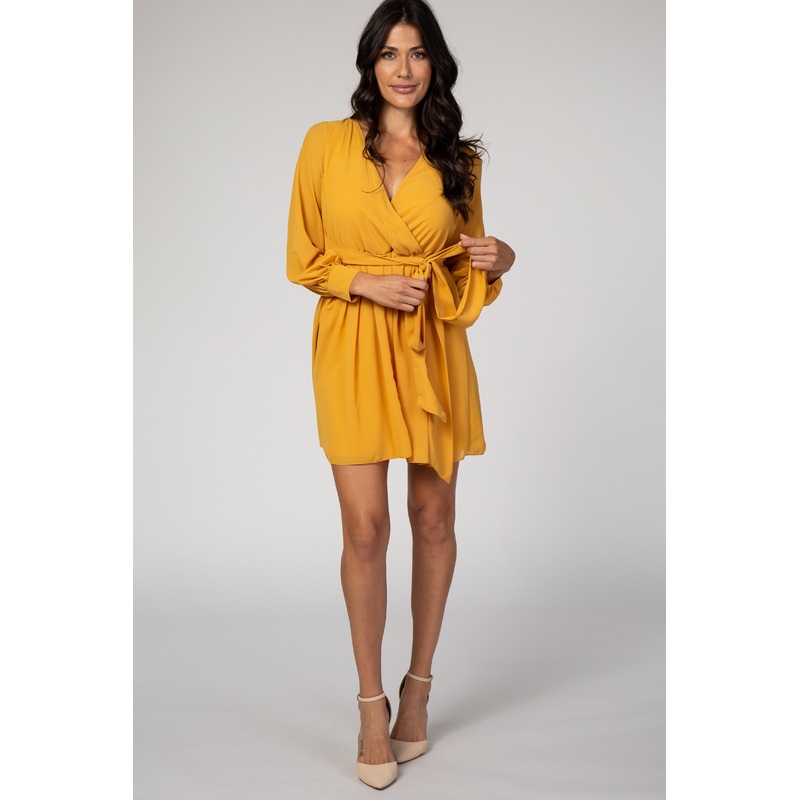Yellow Chiffon Sash Tie Wrap Dress