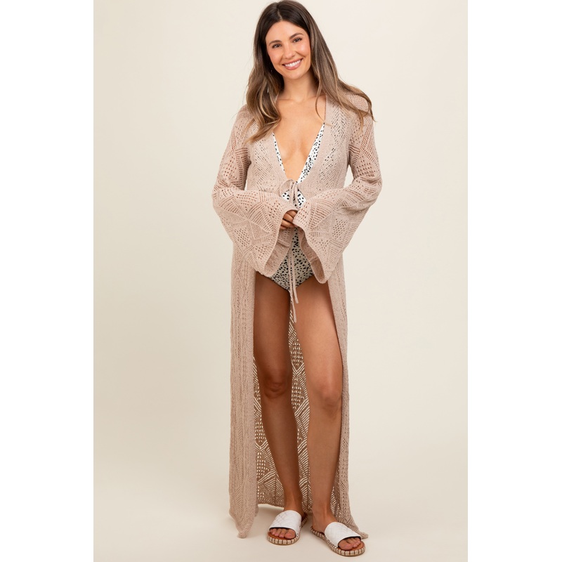 Beige Crochet Knit Long Maternity Cover Up