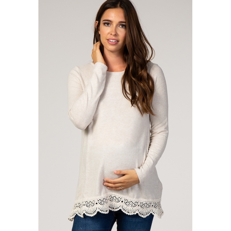 Beige Crochet Trim Crisscross Back Maternity Top