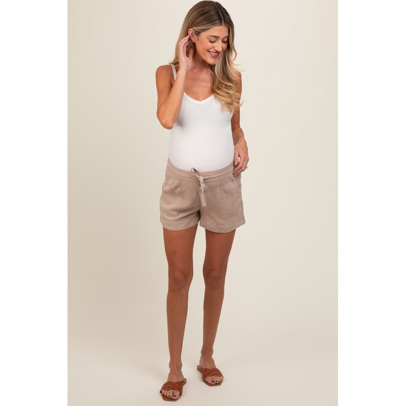 Beige Drawstring Side Pocket Maternity Shorts