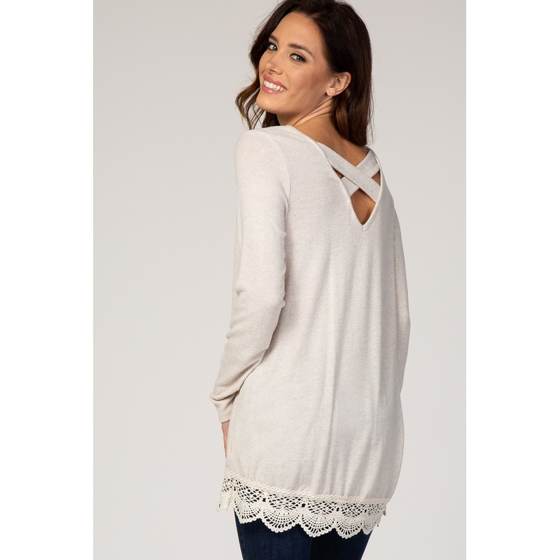 Beige Lace Trim Crisscross Back Top