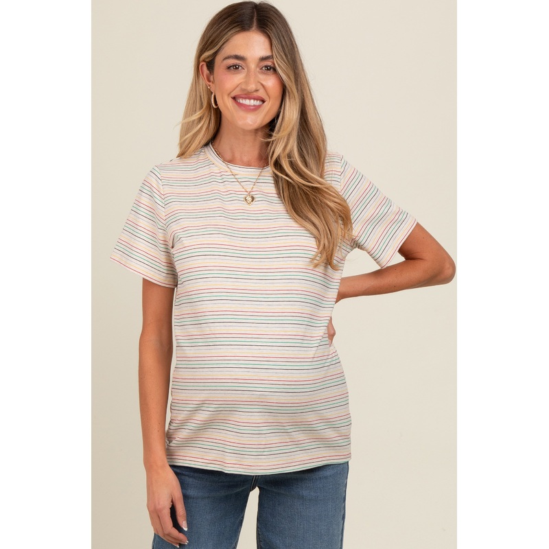 Beige Short Sleeve Multi Striped Maternity Top
