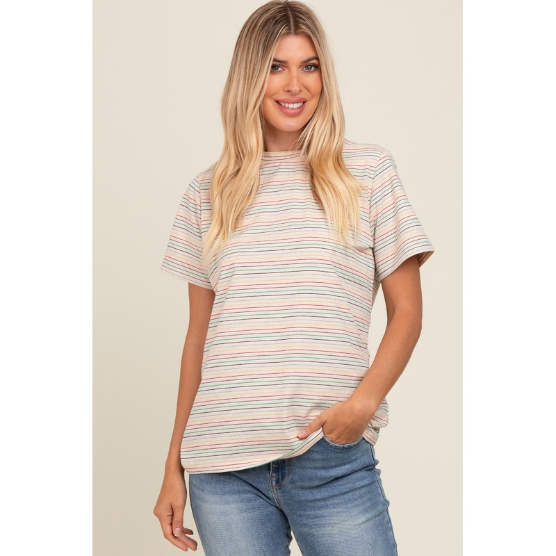 Beige Short Sleeve Multi Striped Top