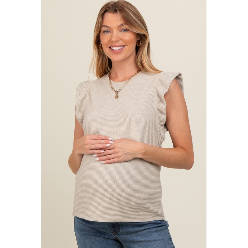 Beige Striped Ruffle Sleeve Maternity Top