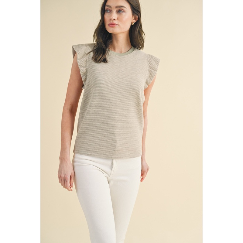 Beige Striped Ruffle Sleeve Top