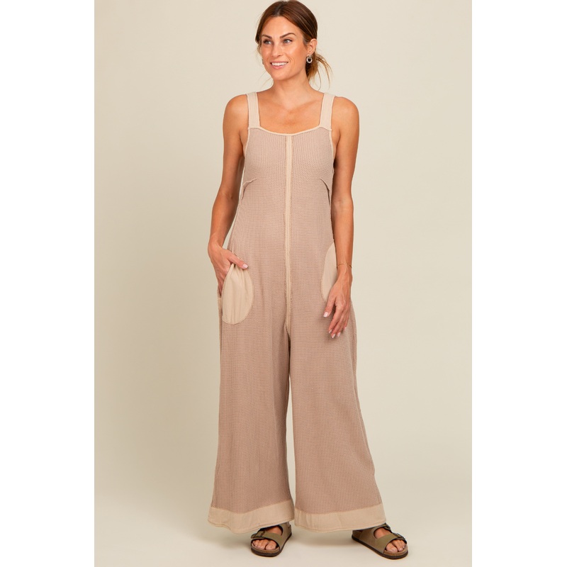 Beige Waffle Knit Wide Leg Jumpsuit