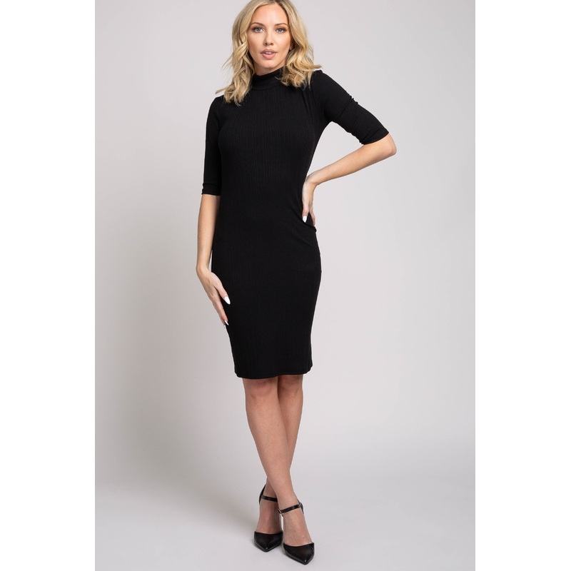 Black 3/4 Sleeve Mock Neck Ribbed Fitted Silhouette Dress