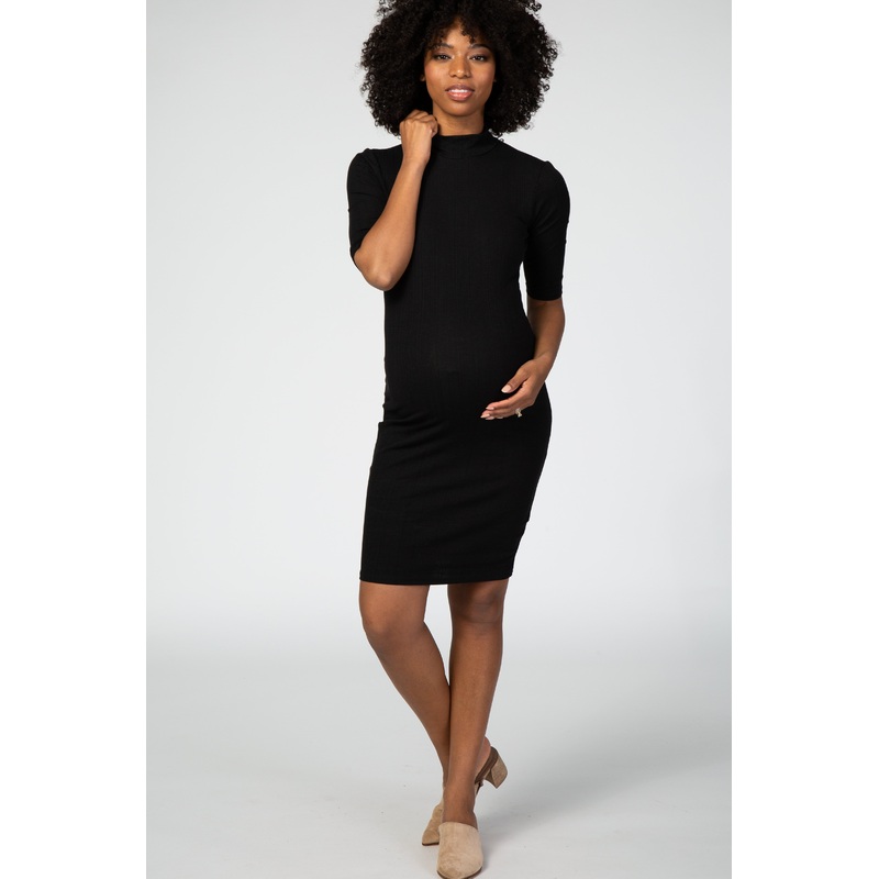 Black 3/4 Sleeve Mock Neck Ribbed Fitted Silhouette Maternity Dress