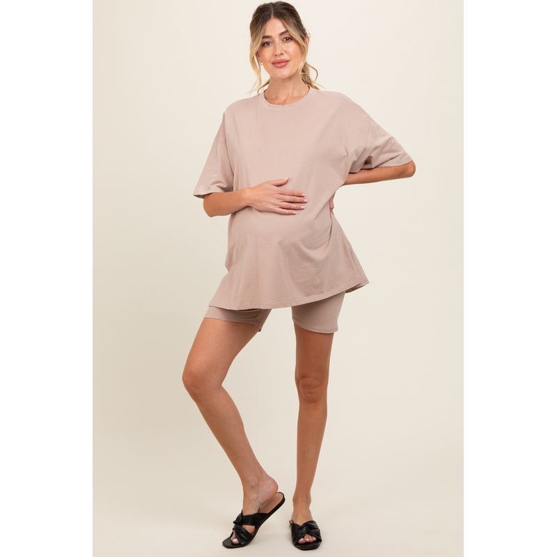 Mocha Biker Short Maternity Lounge Set