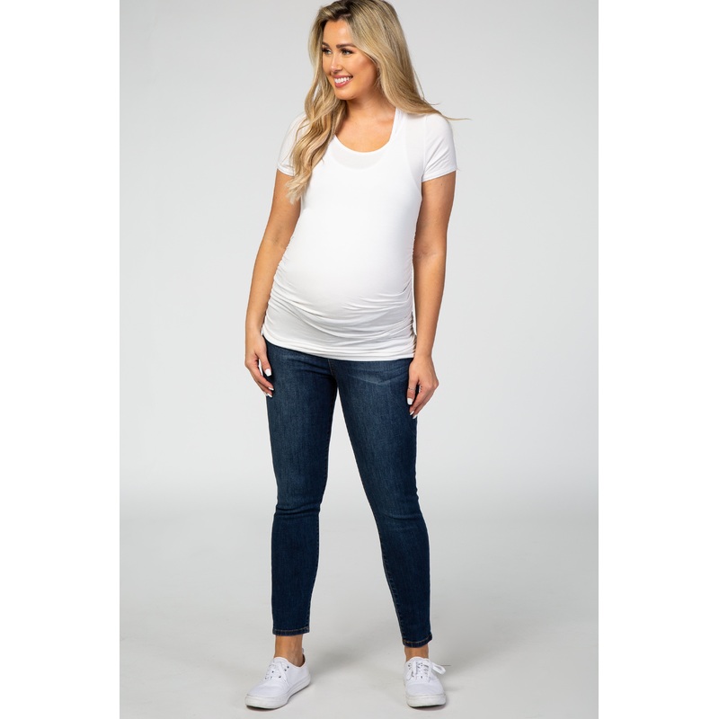 Navy Blue Medium Wash Leather Detail Skinny Maternity Jeans