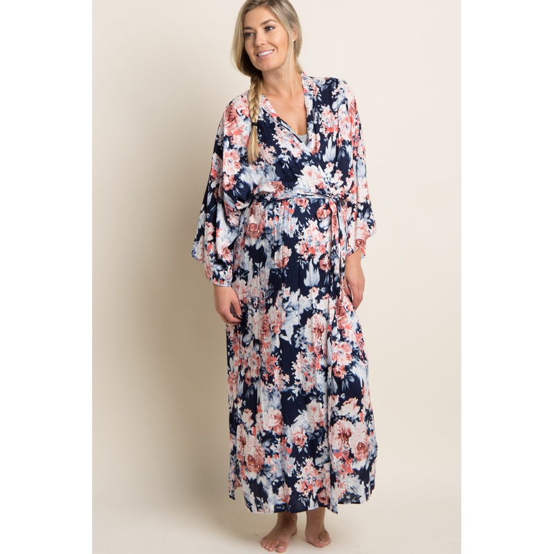 Navy Floral Delivery/Nursing Long Maternity Robe